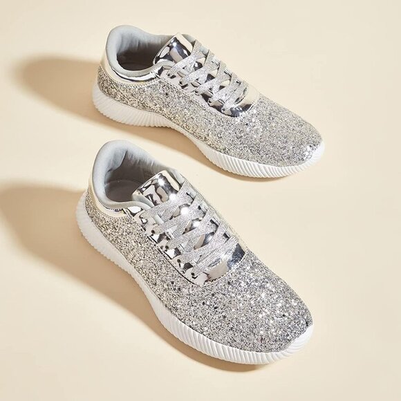 LUCKY STEP Women Silver Shoes Sparkly Lightweight Metallic Sequins Tennis Shoes - Picture 2 of 9